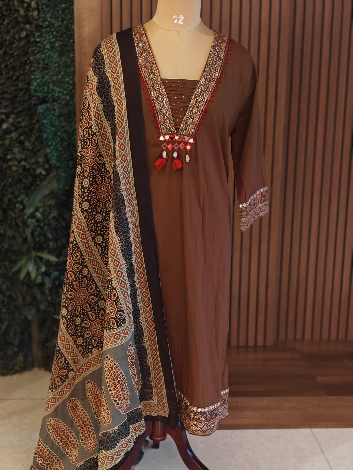 Brown Cotton Thread Embroidery Straight Fit plus size Kurtha
