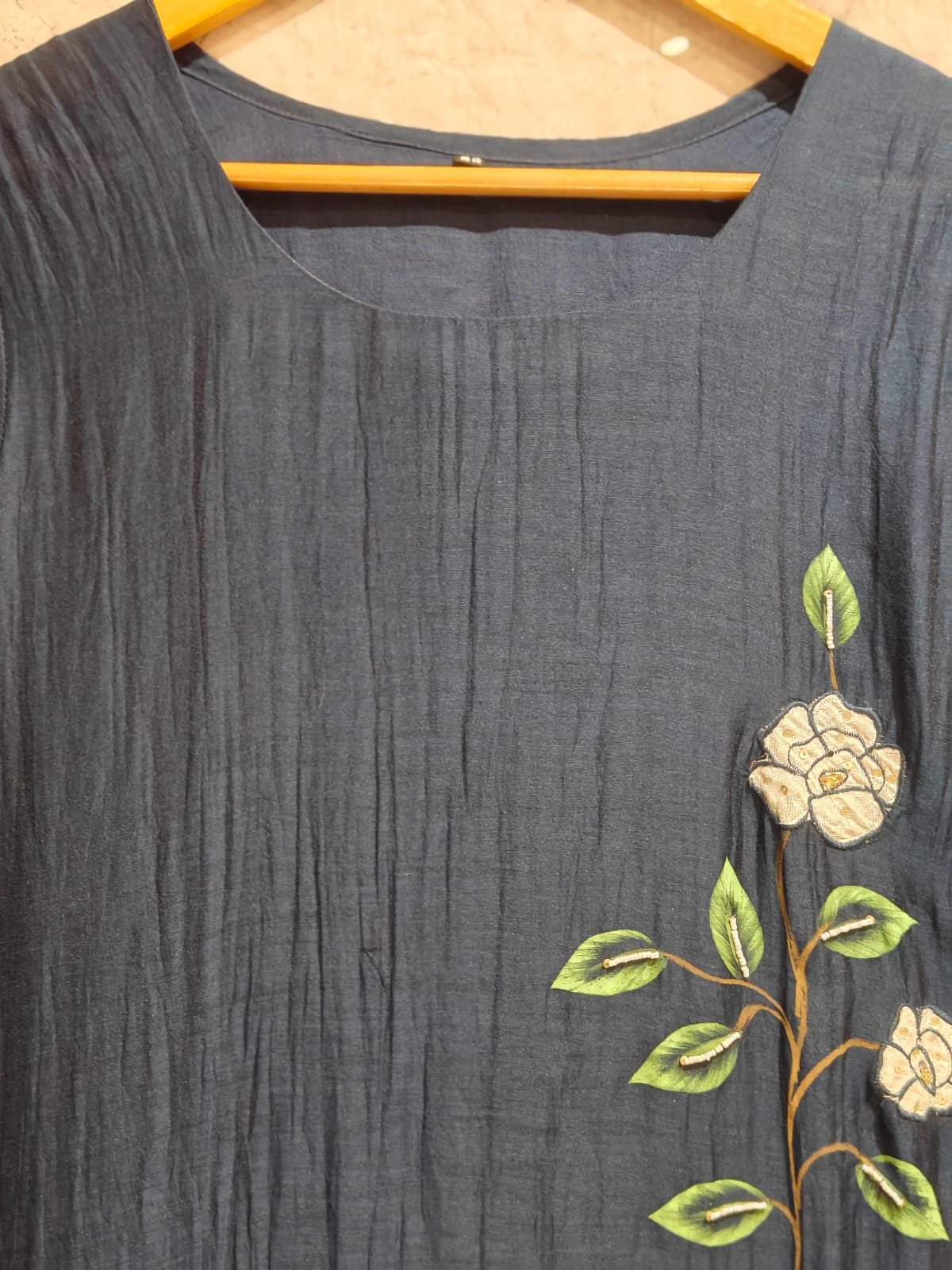 Navy Blue Mul Chanderi hand painted kurtha 203