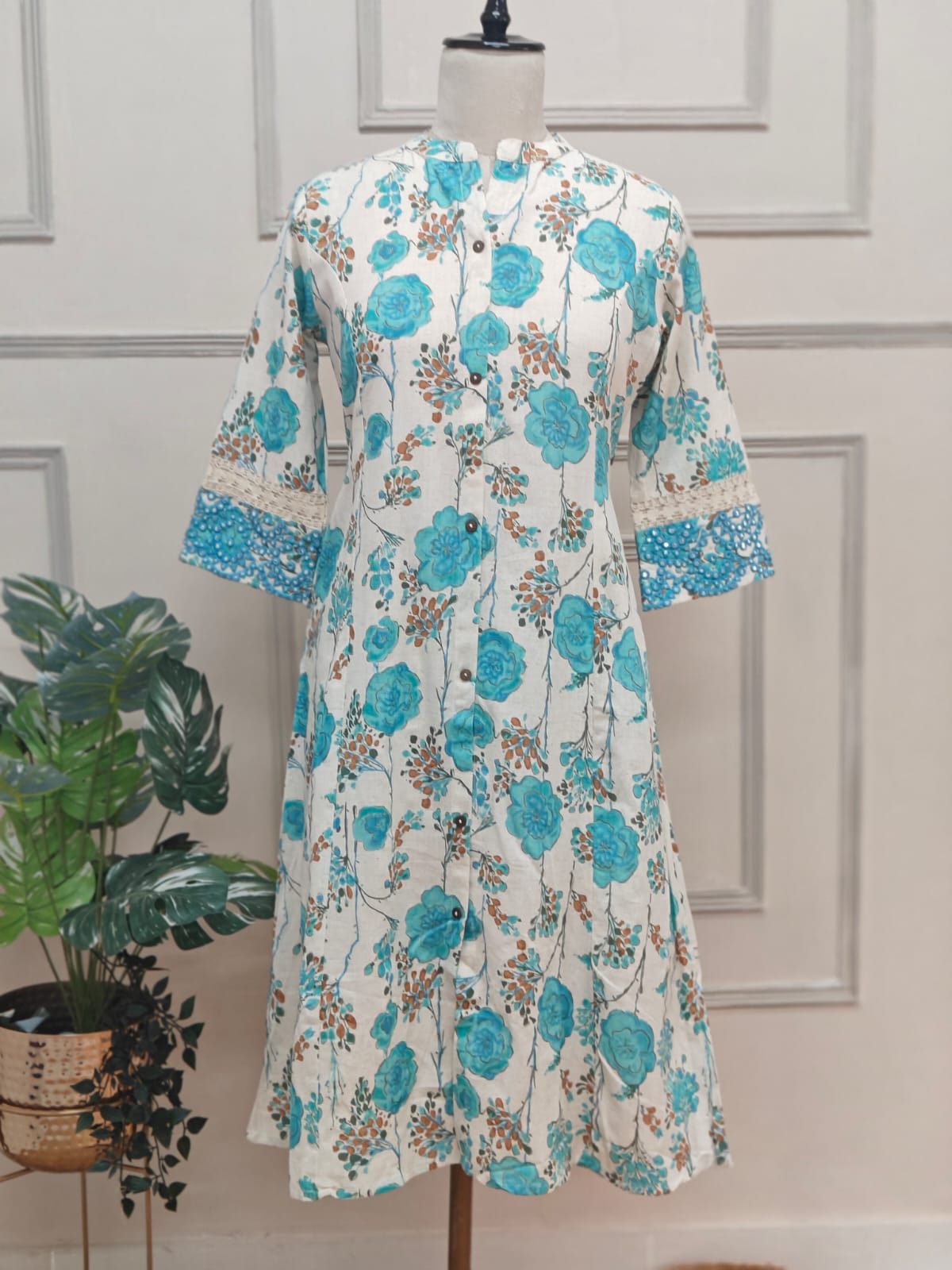 Sky Blue  Lenin Cotton Thread Embroidery Airline 1 pc Kurtha 372