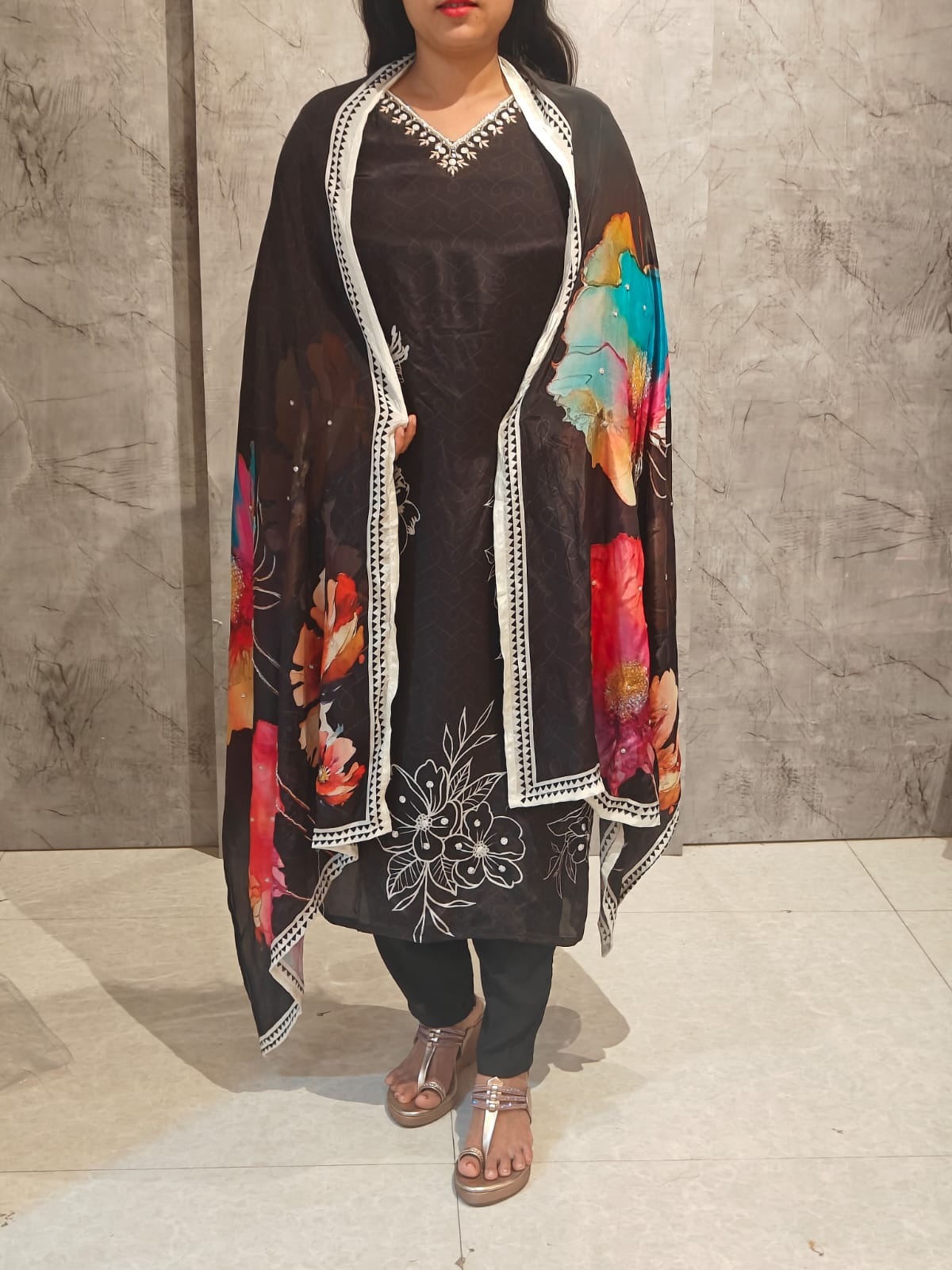 Black Digital Print Crepe Kurtha 693