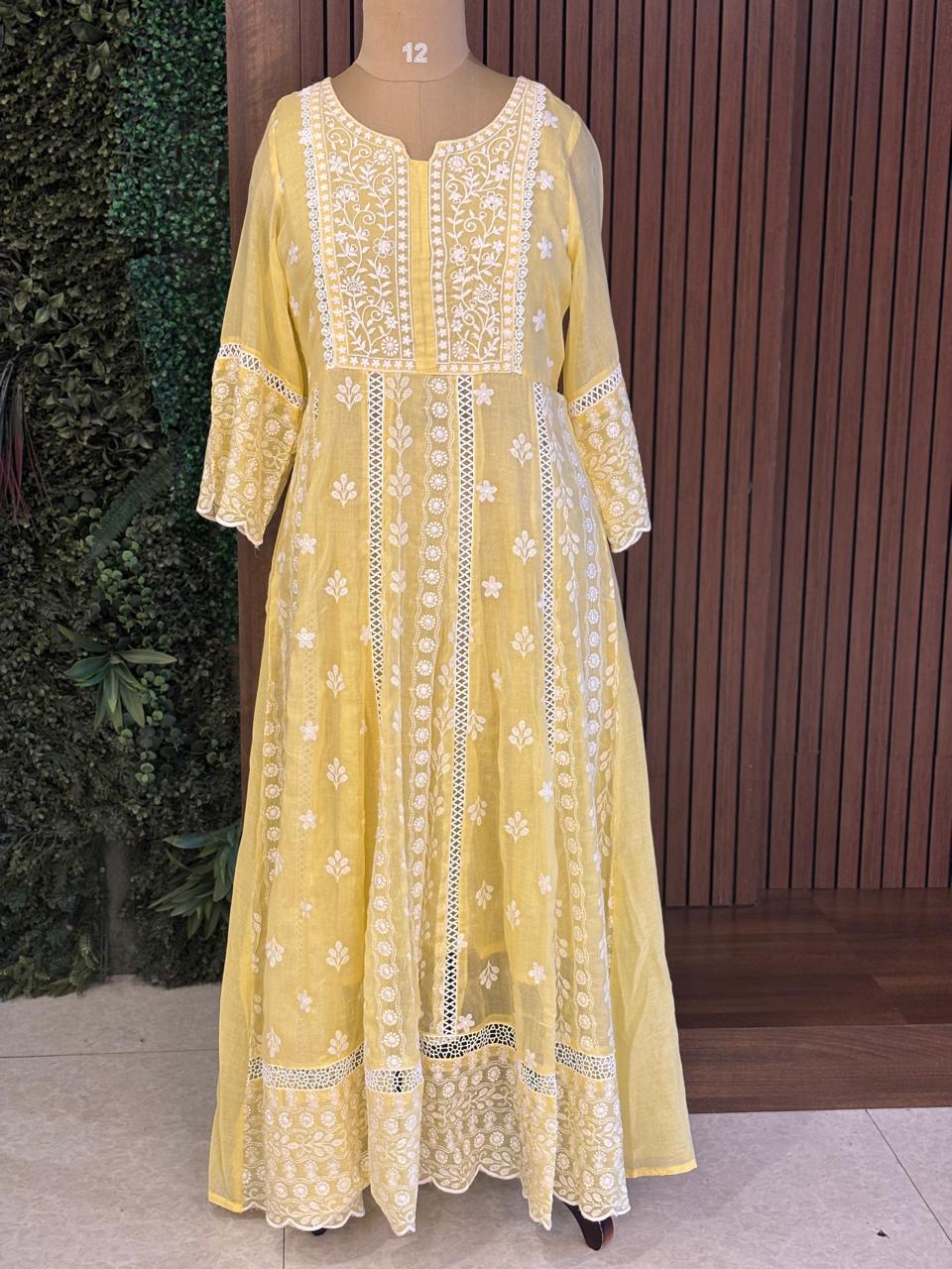 Lemon Yellow designer Hakkoba chicken curry work Anarkali Kurtha 459