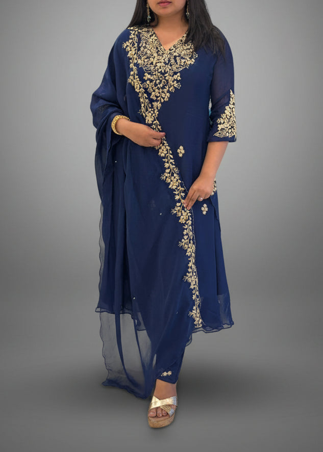 Dark Blue Chinnon Hand Embroidery Airline Kurtha 673