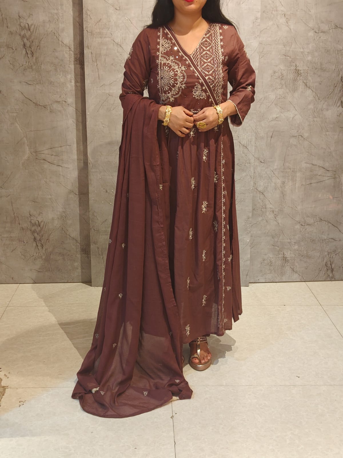 Brown Mul Cotton Knot Thread Work Embroidery Airline Kurtha 63