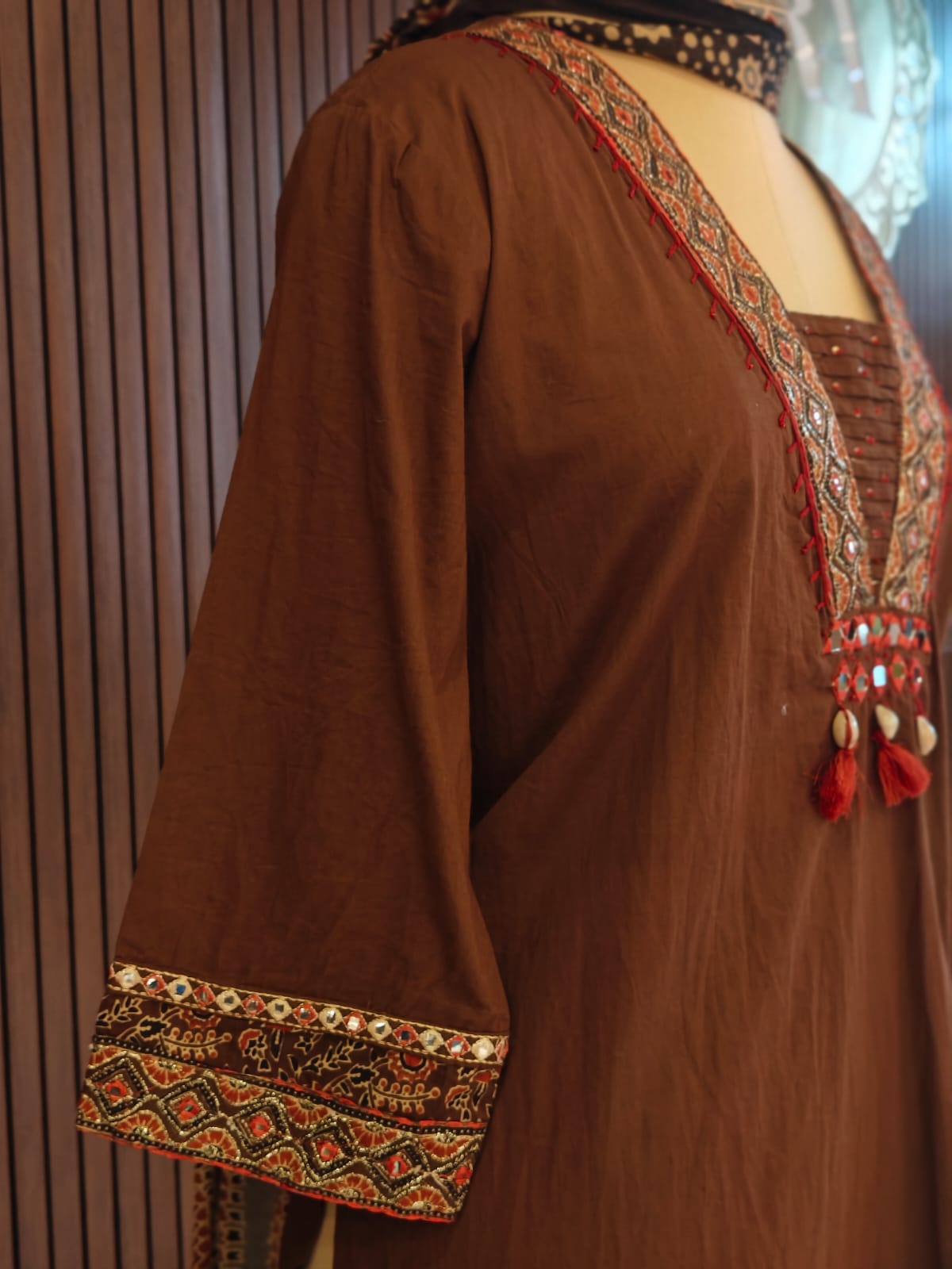 Brown Cotton Thread Embroidery Straight Fit plus size Kurtha