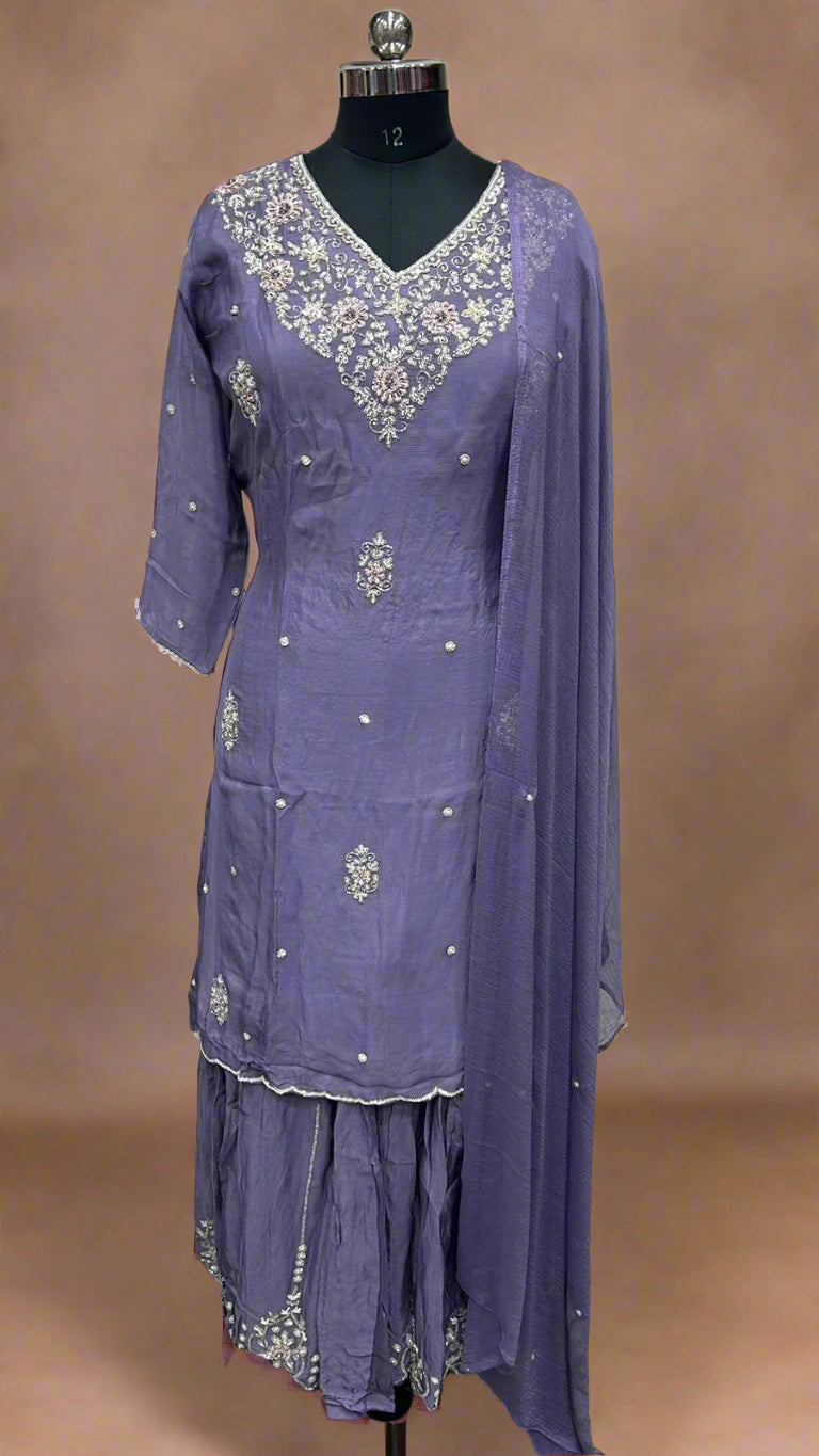 "PARI" Lilac  Designer Kurtha Set with Handwork and Palzoo Pant