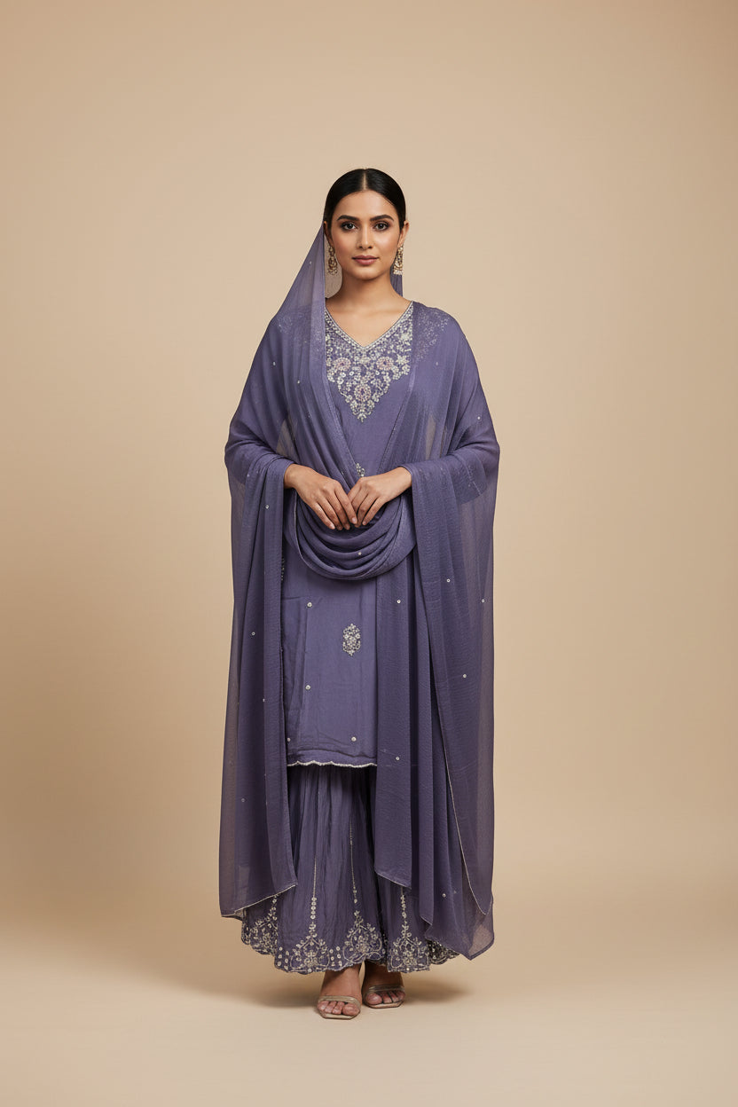 "PARI" Lilac  Designer Kurtha Set with Handwork and Palzoo Pant