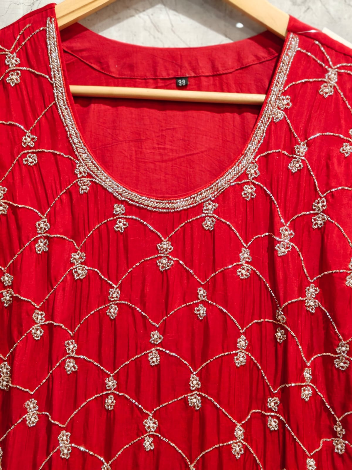 “Pari" Red chinnon handwork party ware Kurtha set