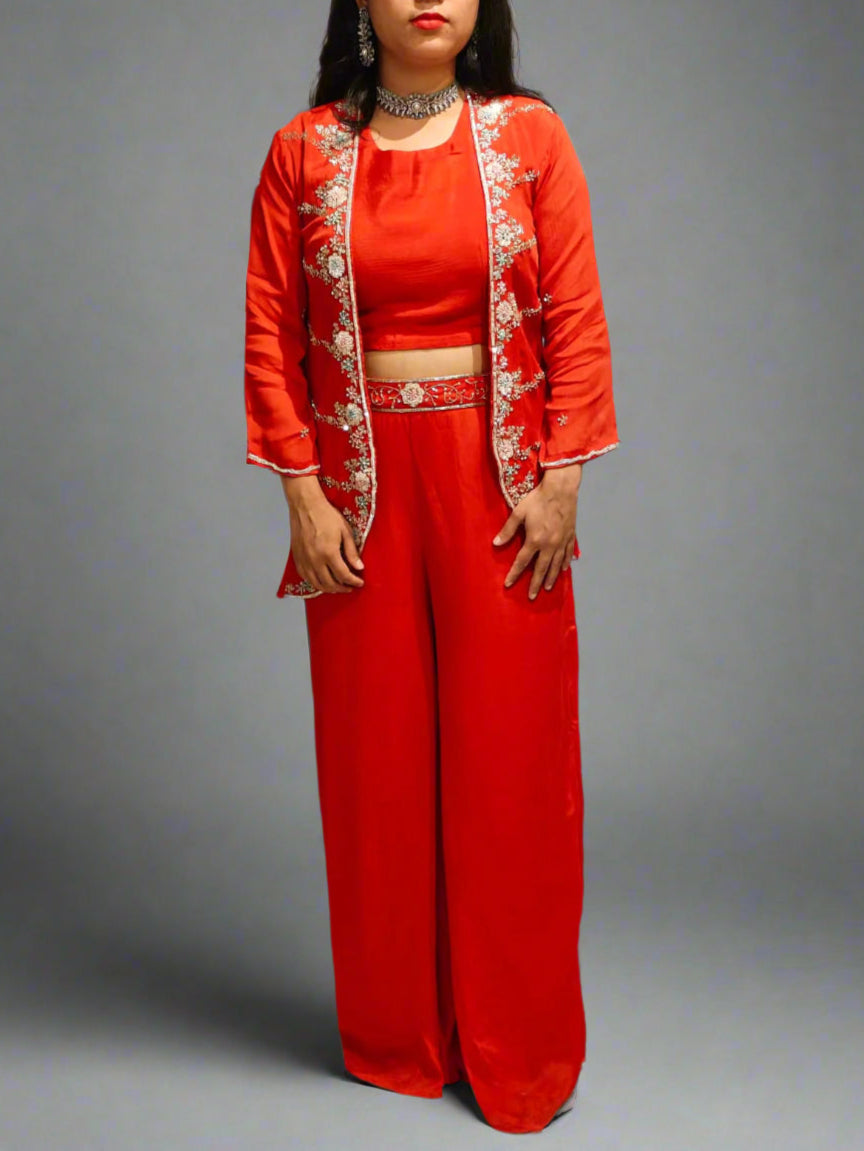 "PARI"  Orange Designer Kurtha 43 Set with Handwork Top and Palazoo and Cape IndoWesstern kurtha cape