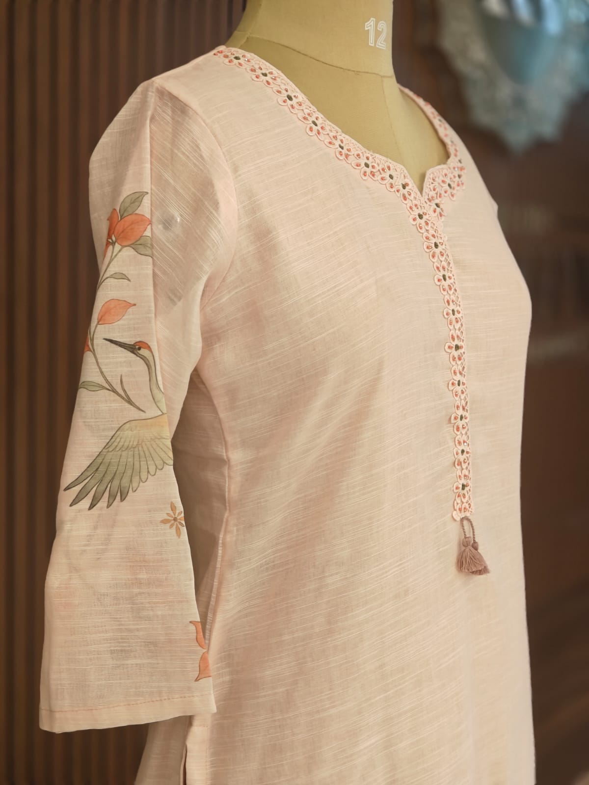 Baby Pink Linen Straight Fit Handwork Kurtha