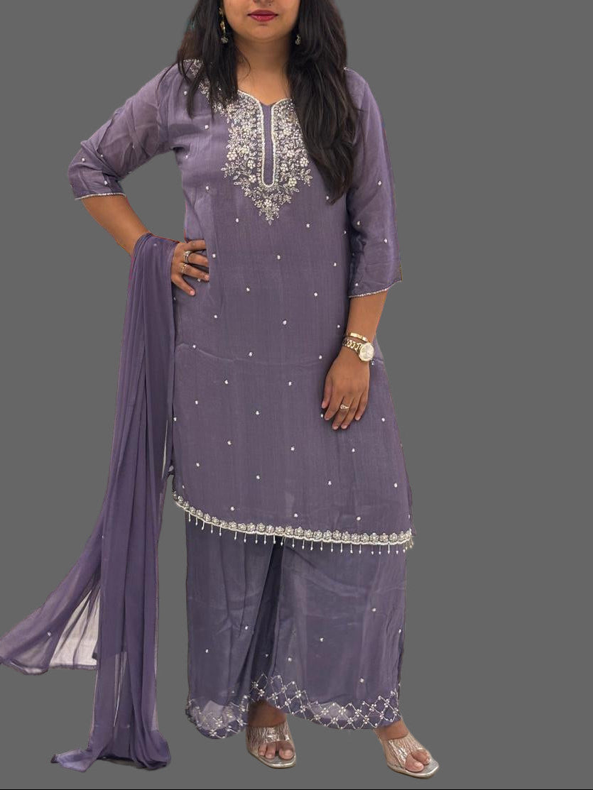 Purple Chinnon Hand Embroidery Sharara Kurtha 301