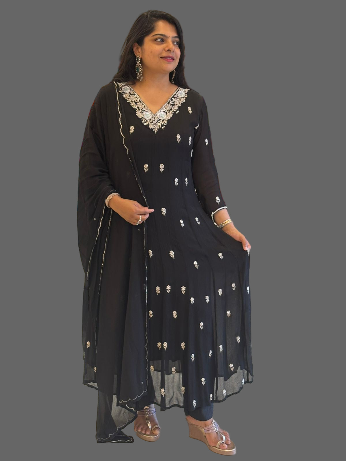 “Pari" Black Anarkali Chinnon Handwork Partyware Kurtha 567