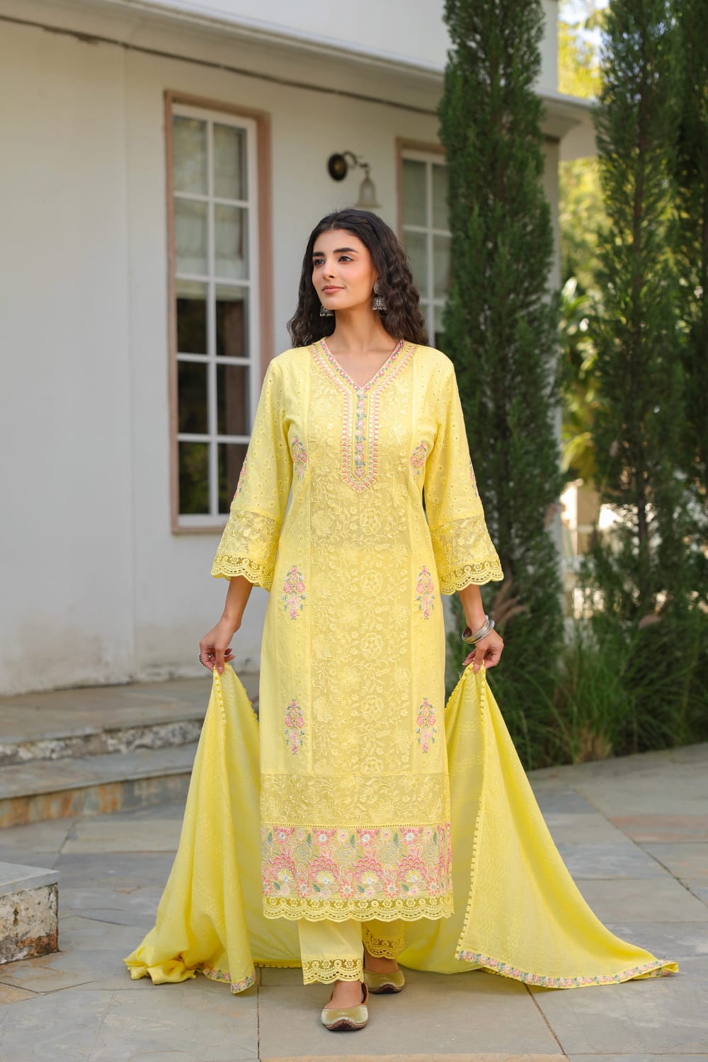 Lemon Yellow Cotton designer Hacoba  Work Straight Fit Kurtha