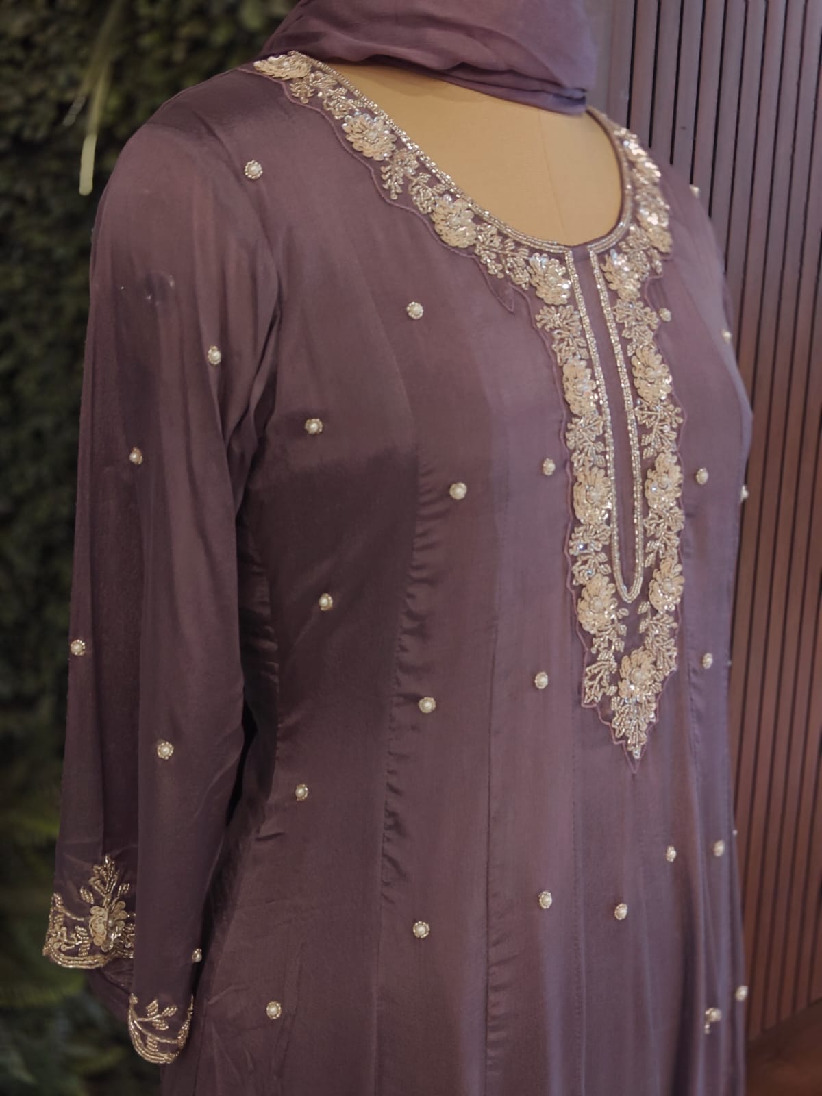 Purple Anarkali chinnon handwork party ware Kurtha 567