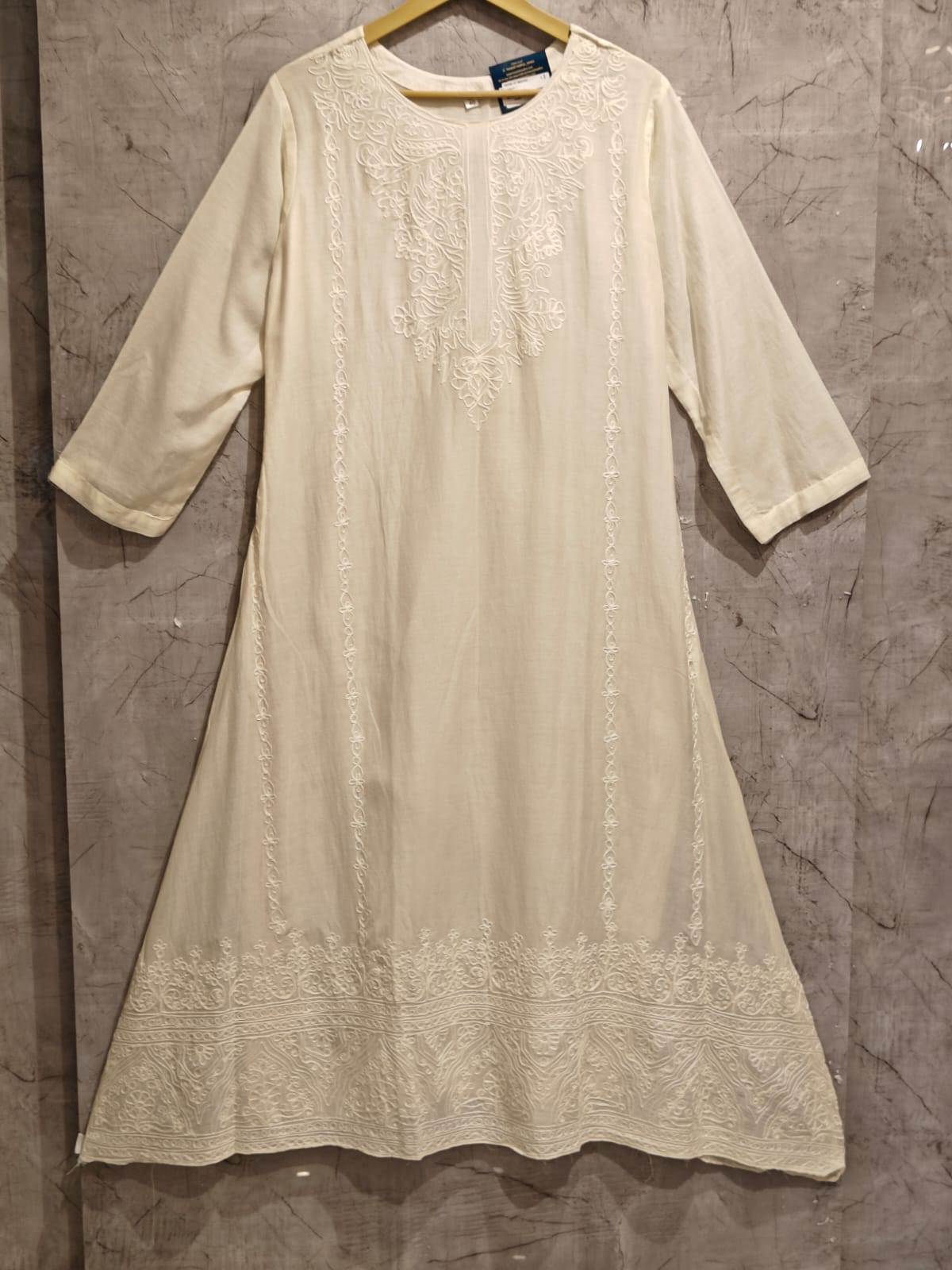 "WHITE" cotton thread embroidery Anarkali set