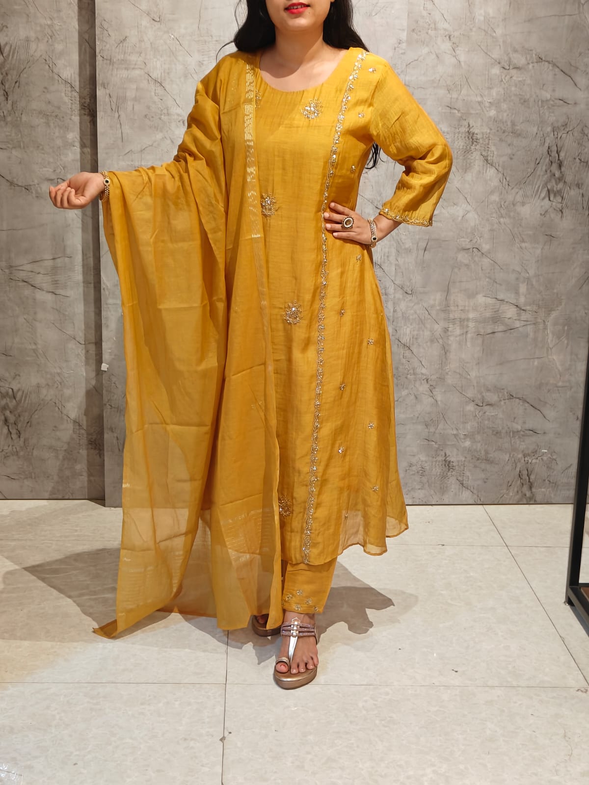 Mustard Yellow Mul Chanderi Hand Embroidery Airline Kurtha