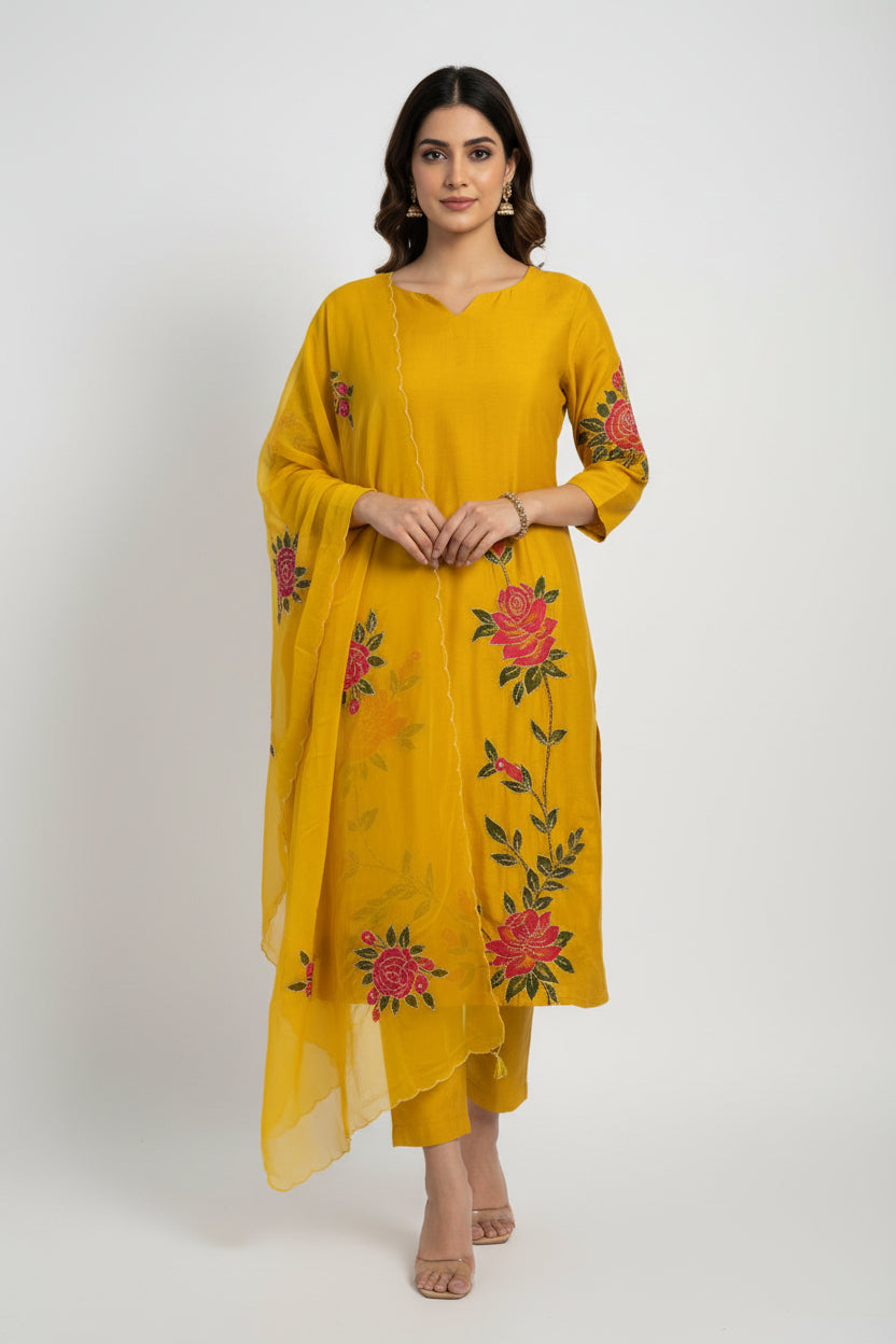 Yellow Dola Silk Thread Embroidery Airline Kurtha 483