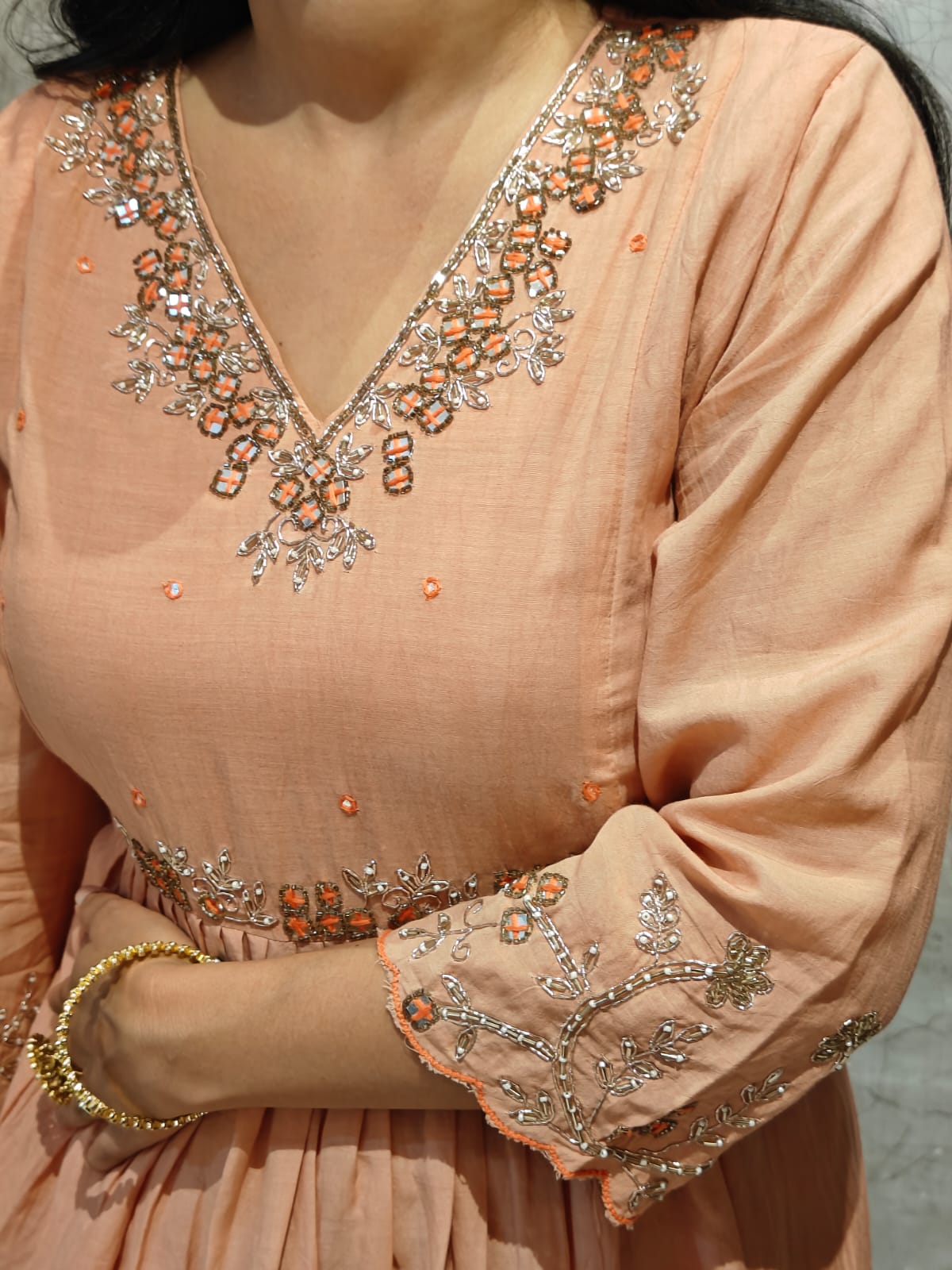 Peach Mul Chanderi Hand Embroidery Airline Kurtha 088