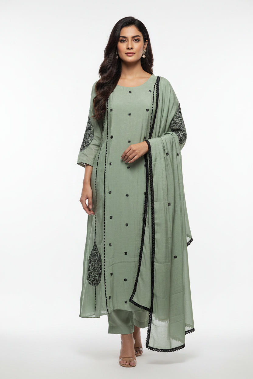 Pista Green Mul Chanderi Thread Embroidery A Line Kurtha 63