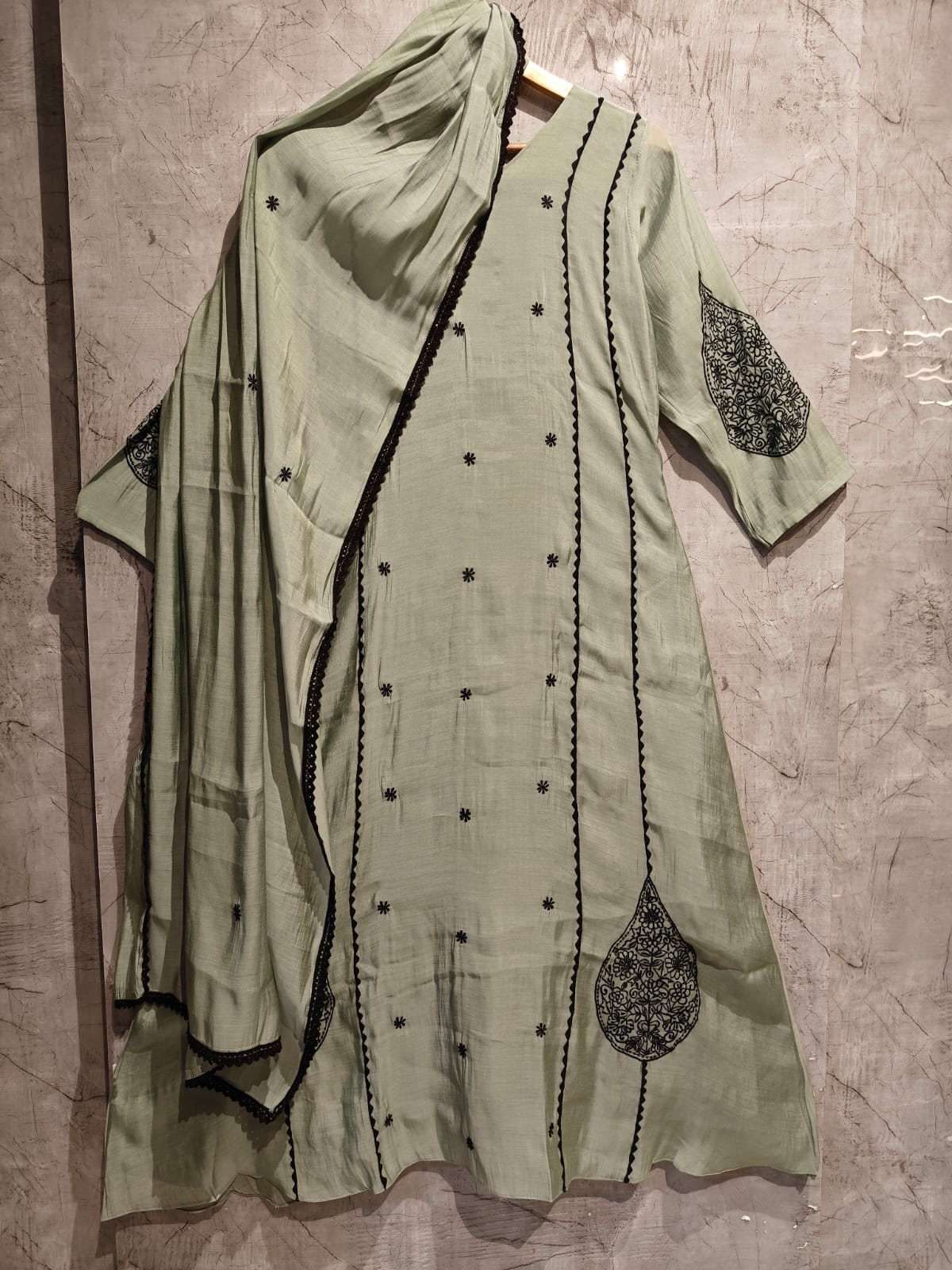Pista Green Mul Chanderi Thread Embroidery A Line Kurtha 63