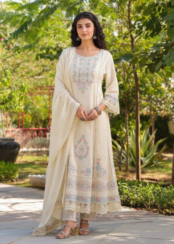 White Cotton Hacoba Work Anarkali Kurtha 459