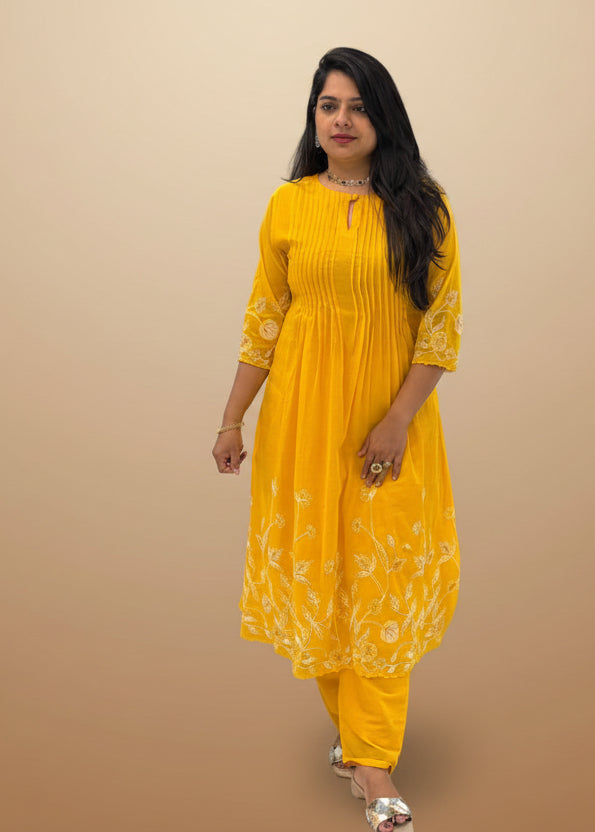Yellow Cotton Hand Embroidery Cord Set Kurtha 487