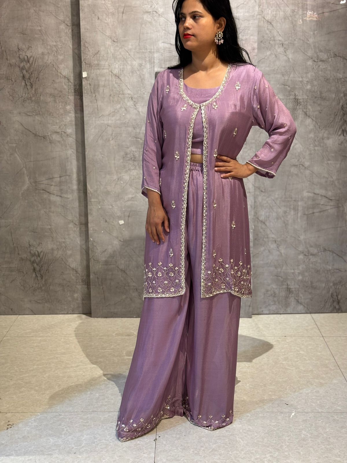 “Pari" Onion Pink Designer Kurtha 43 Set with Handwork Top, Palazoo and Jacket Indo-western capeh