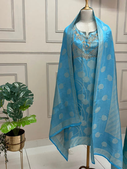 Sky Blue Banarasi Tissue Silk Straight Kurtha 112