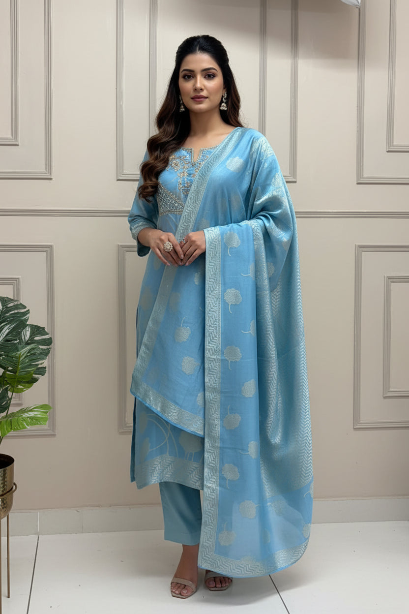 Sky Blue Banarasi Tissue Silk Straight Kurtha 112