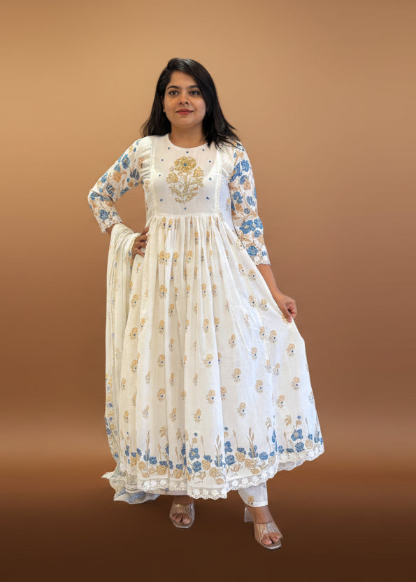 Cream Mul Cotton Block Print Anarkali Kurtha 837