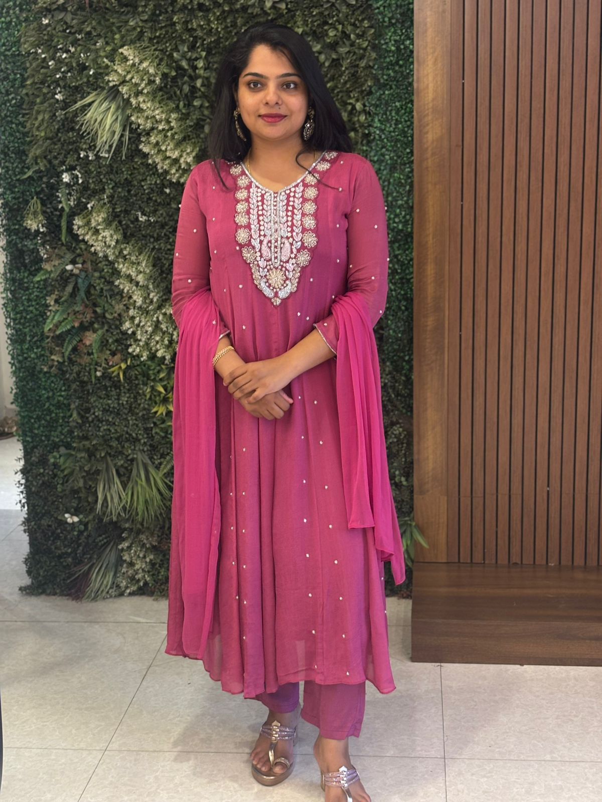 Pink Anarkali Chinnon Hand Embroidery Kurtha 567