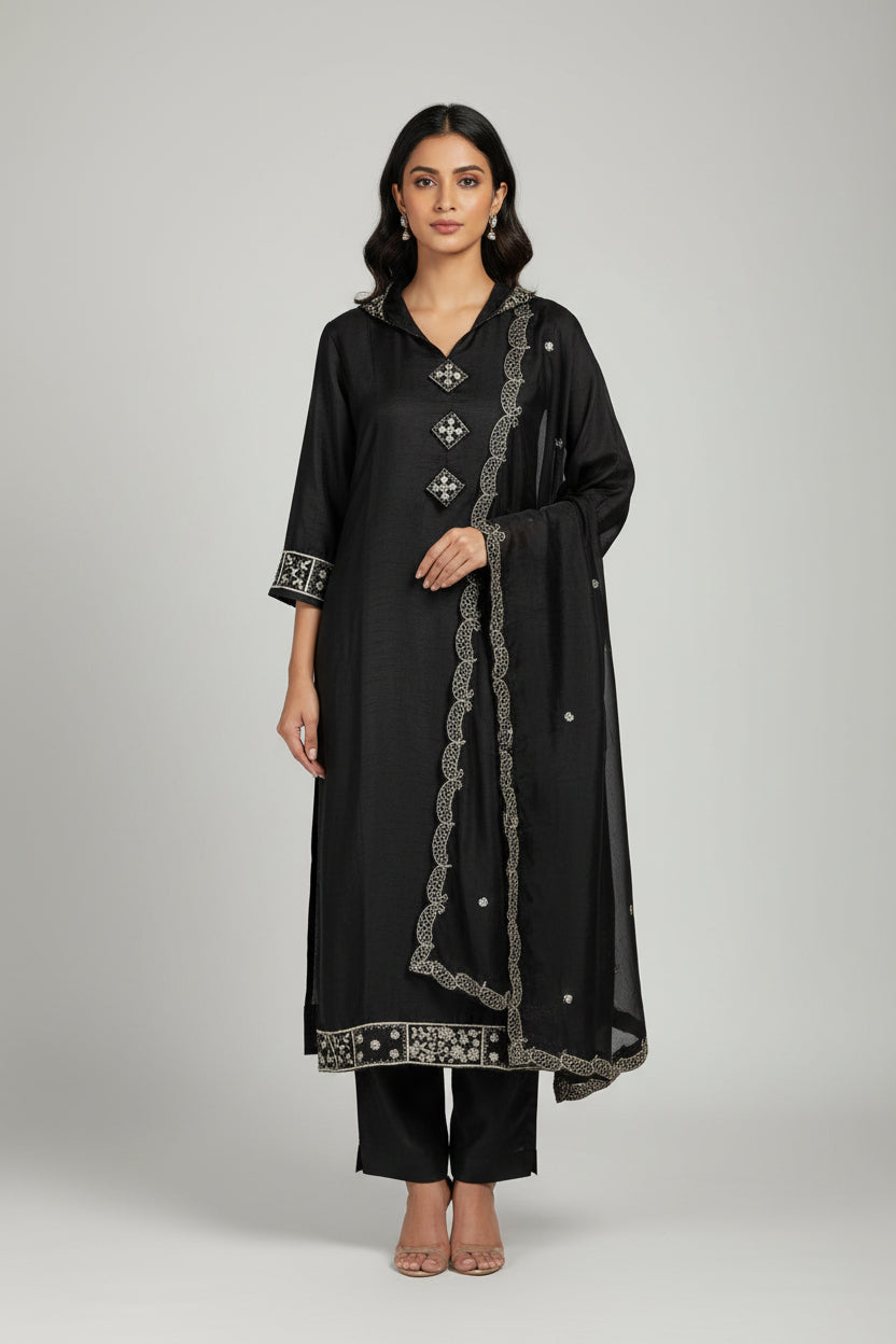 Black Dola Silk Kurtha 66 Hand Embroidery  with Banarasi Dupatta