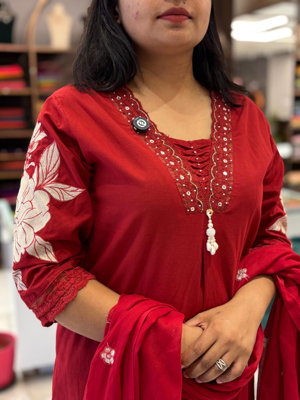 Red Cotton Hand Embroidery Straight Fit Kurtha 597