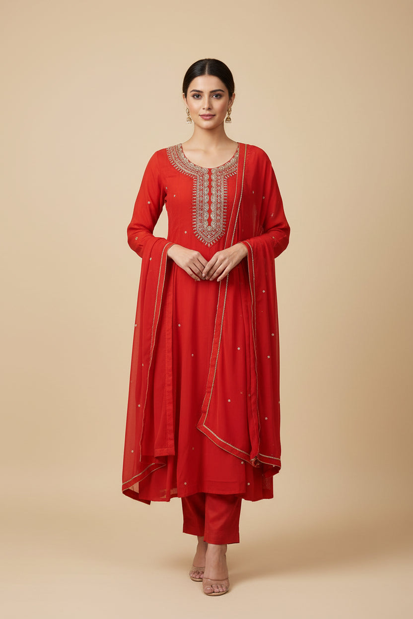 Orange Anarkali Chinnon Hand Embroidery Kurtha 567