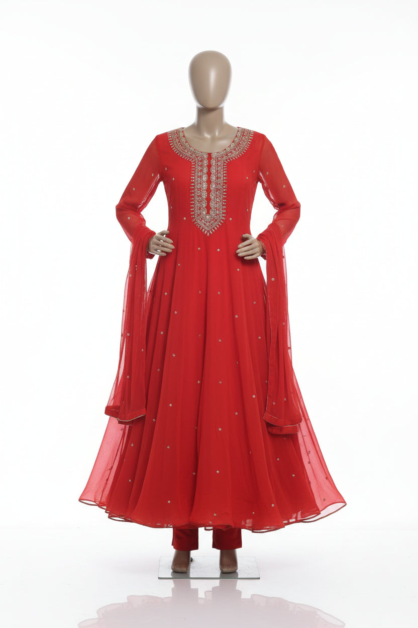 Orange Anarkali Chinnon Hand Embroidery Kurtha 567