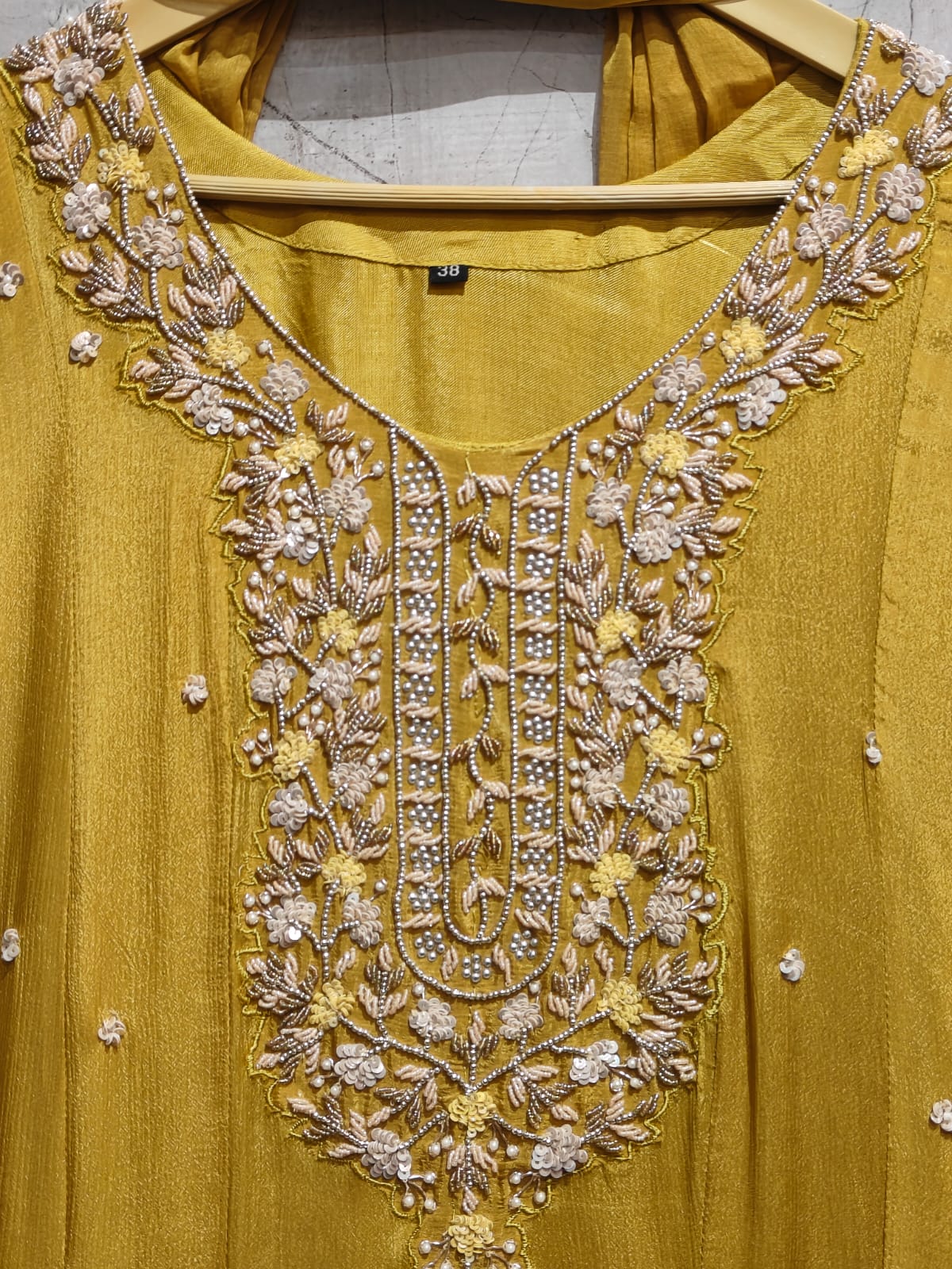 “Pari" Yellow Anarkali chinnon handwork party ware Kurtha set