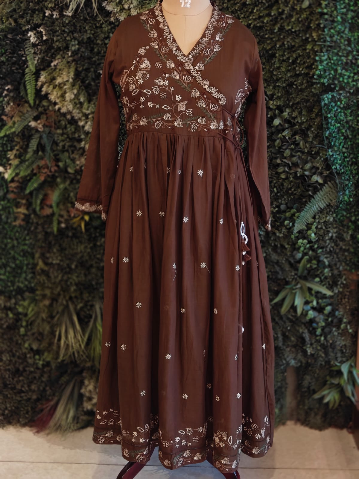 Brown Cotton Anarkali With Thread Work Kurtha