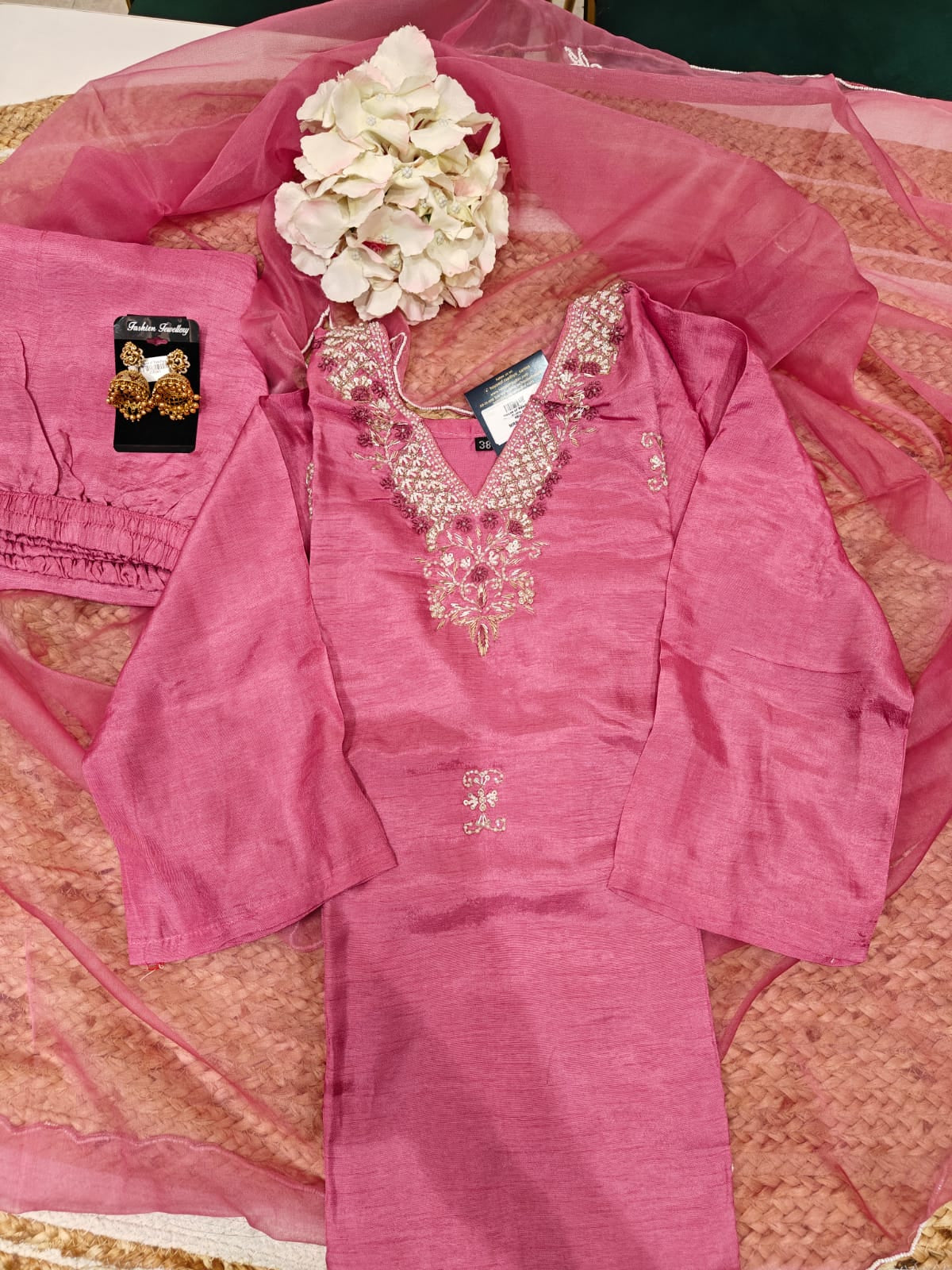 Onion Pink Dola silk pastel Kurtha with Desinger Dupatta