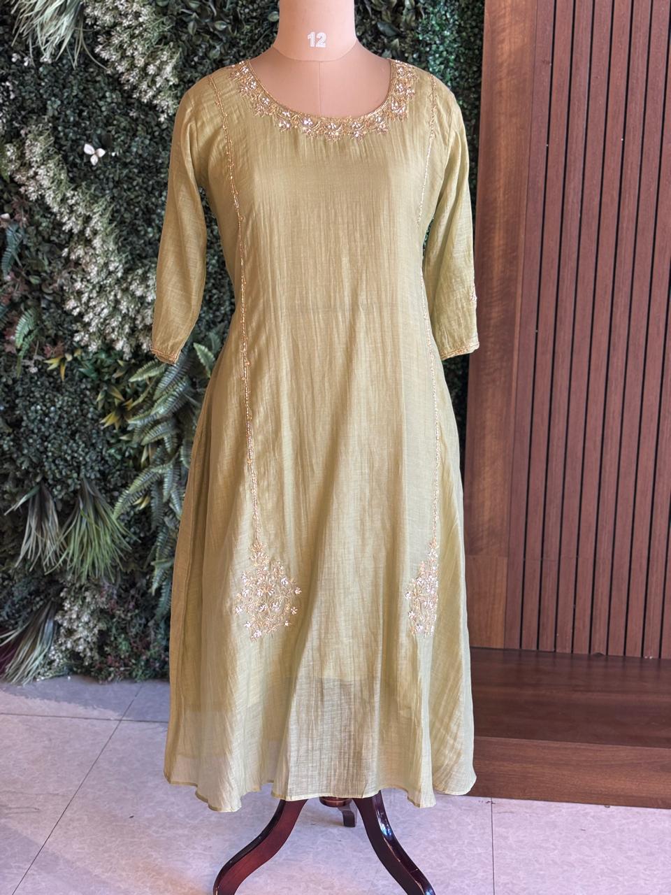 Green Mul Chanderi Airline Handwork Kurtha 581