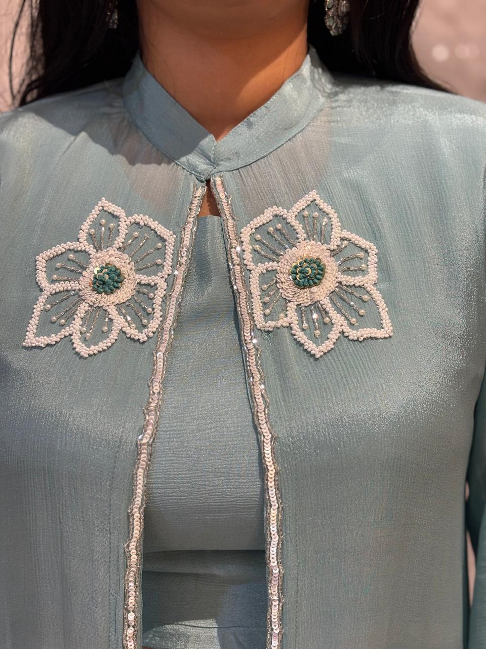 "PARI" Blue Designer Kurtha 43 Set with Handwork Top, Palazoo and Jacket Indo-western cape