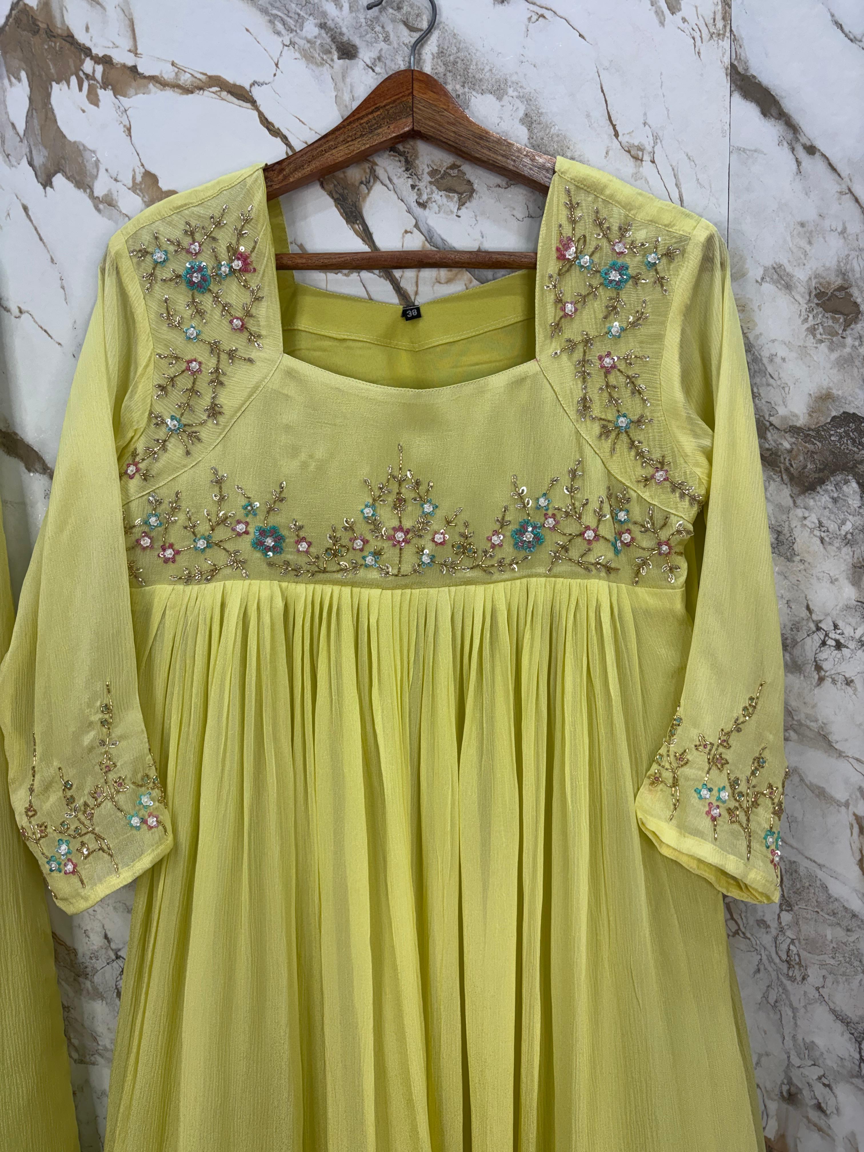 Pista Green Chinnon Thread Embroidery Airline Cord Set Kurtha