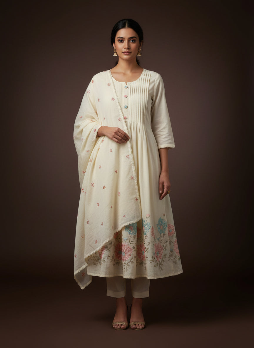 "Sana" White Soft Mul Cotton in Boutique style embroidery 3pcs Kurtha suit