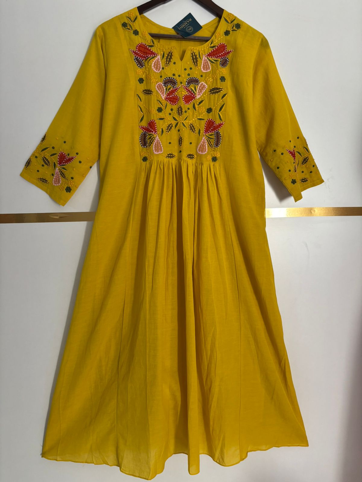 Yellow Mul Chanderi Thread Embroidery Airline Kurtha 483