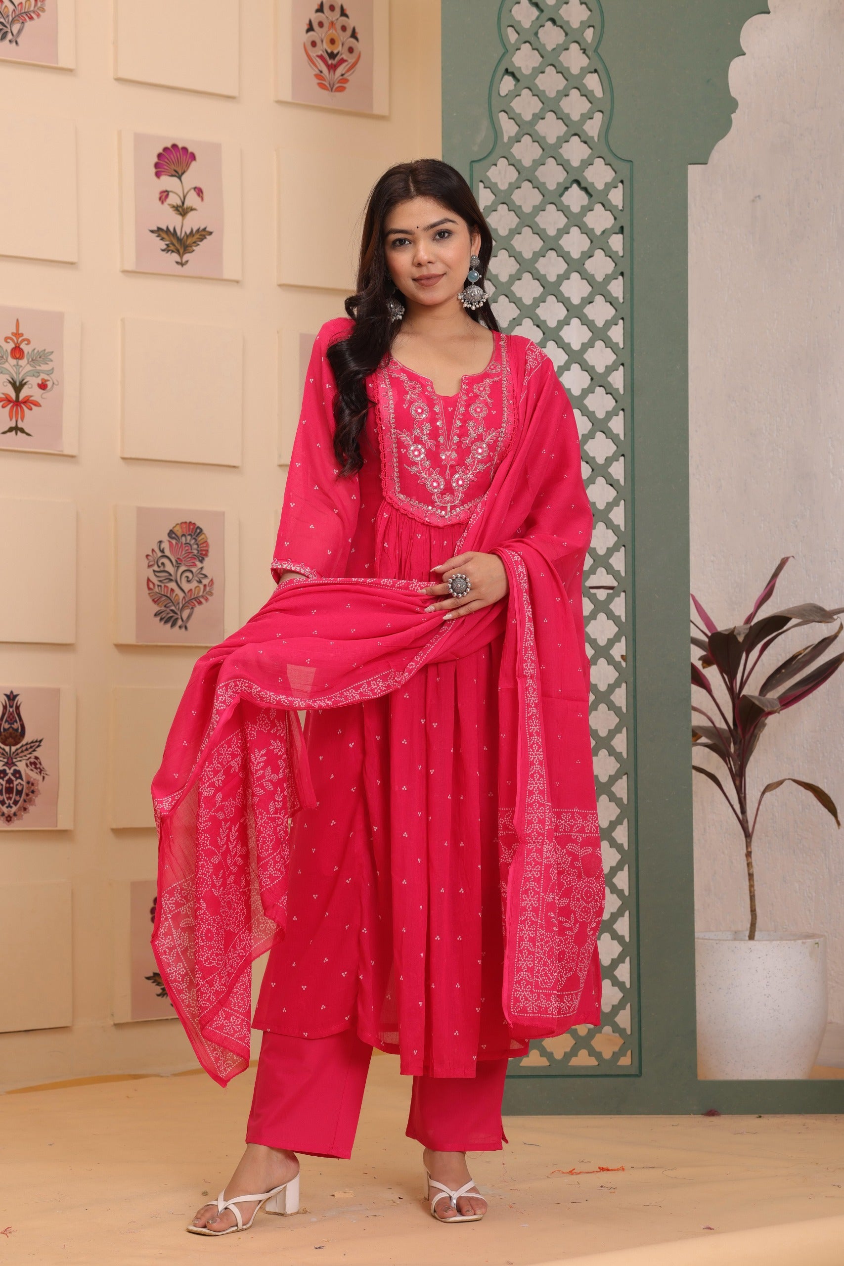 “Naya” Pink Mul cotton with hand work Anarkali Kurtha 111 suit with dupatta