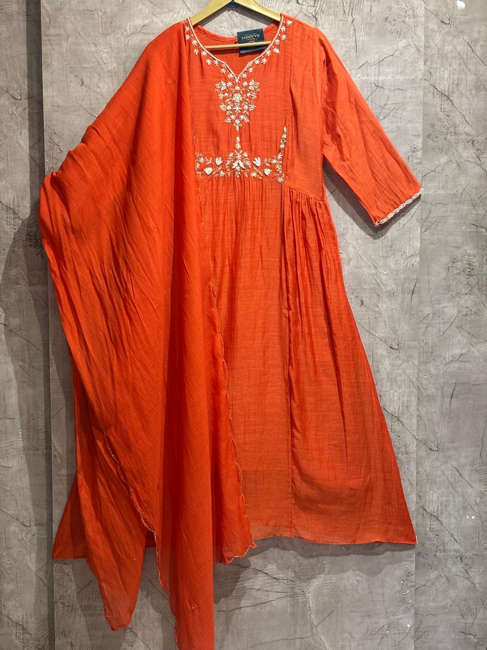 Orange  Mul Chanderi silk Kurtha 765 with Handwork Embroidery