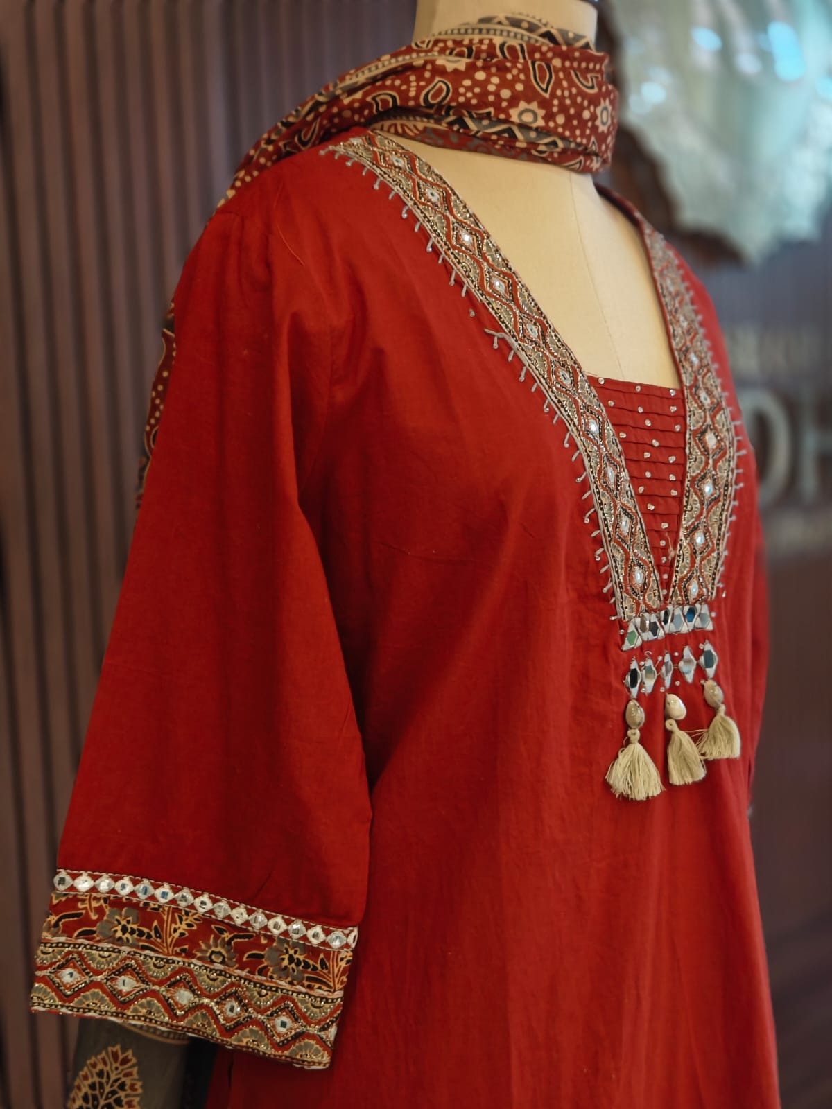 Maroon Cotton Thread Embroidery Straight Fit plus size Kurtha