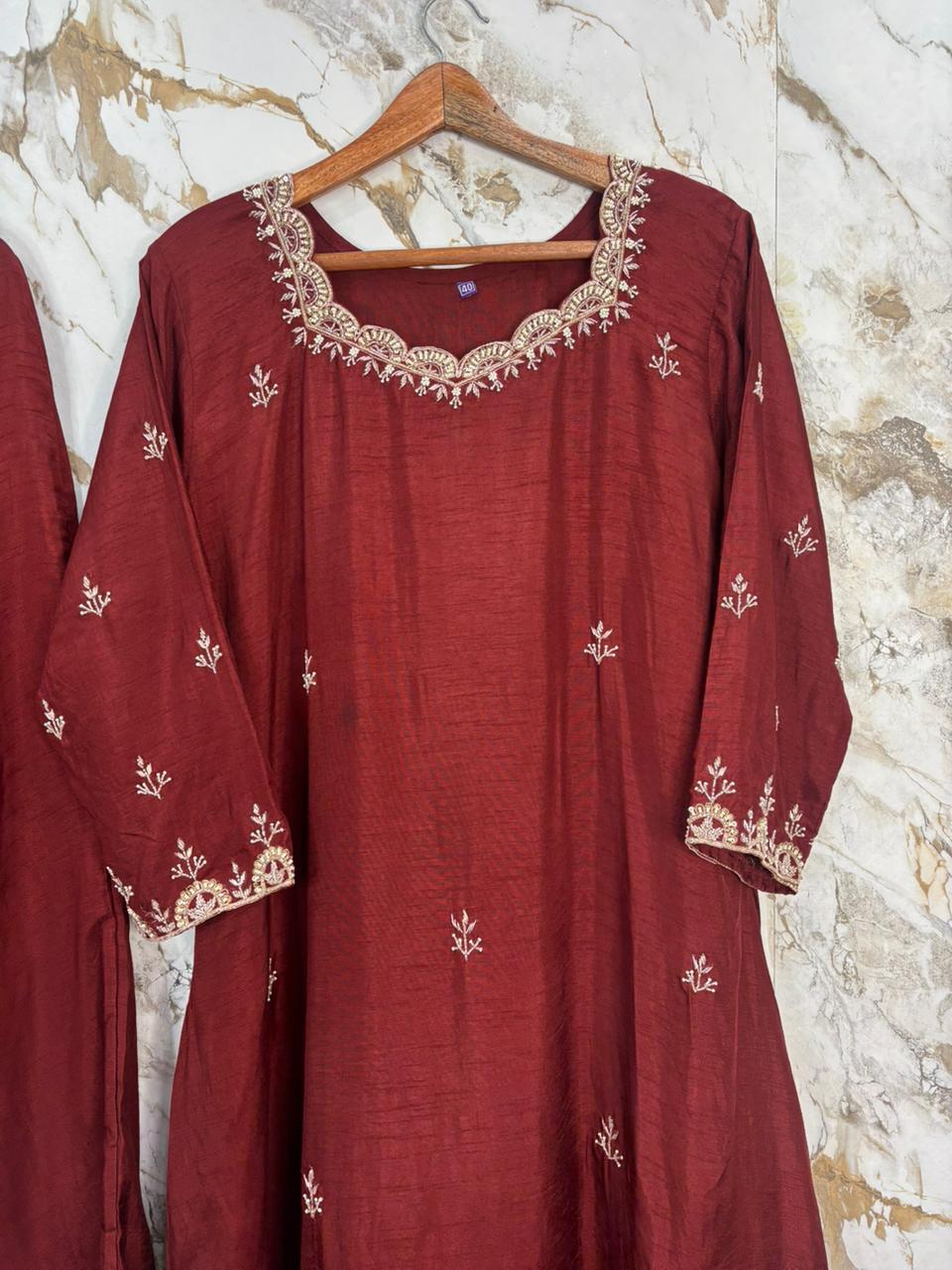 Maroon Dola Silk Handwork Straight Fit Kurtha