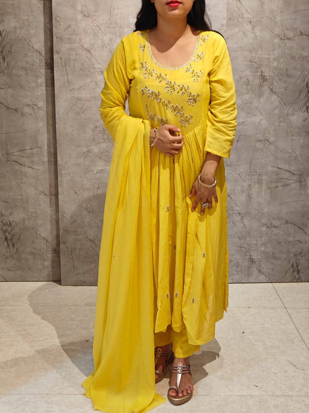 Yellow Mul Chanderi hand embroidery Airline Kurtha 623