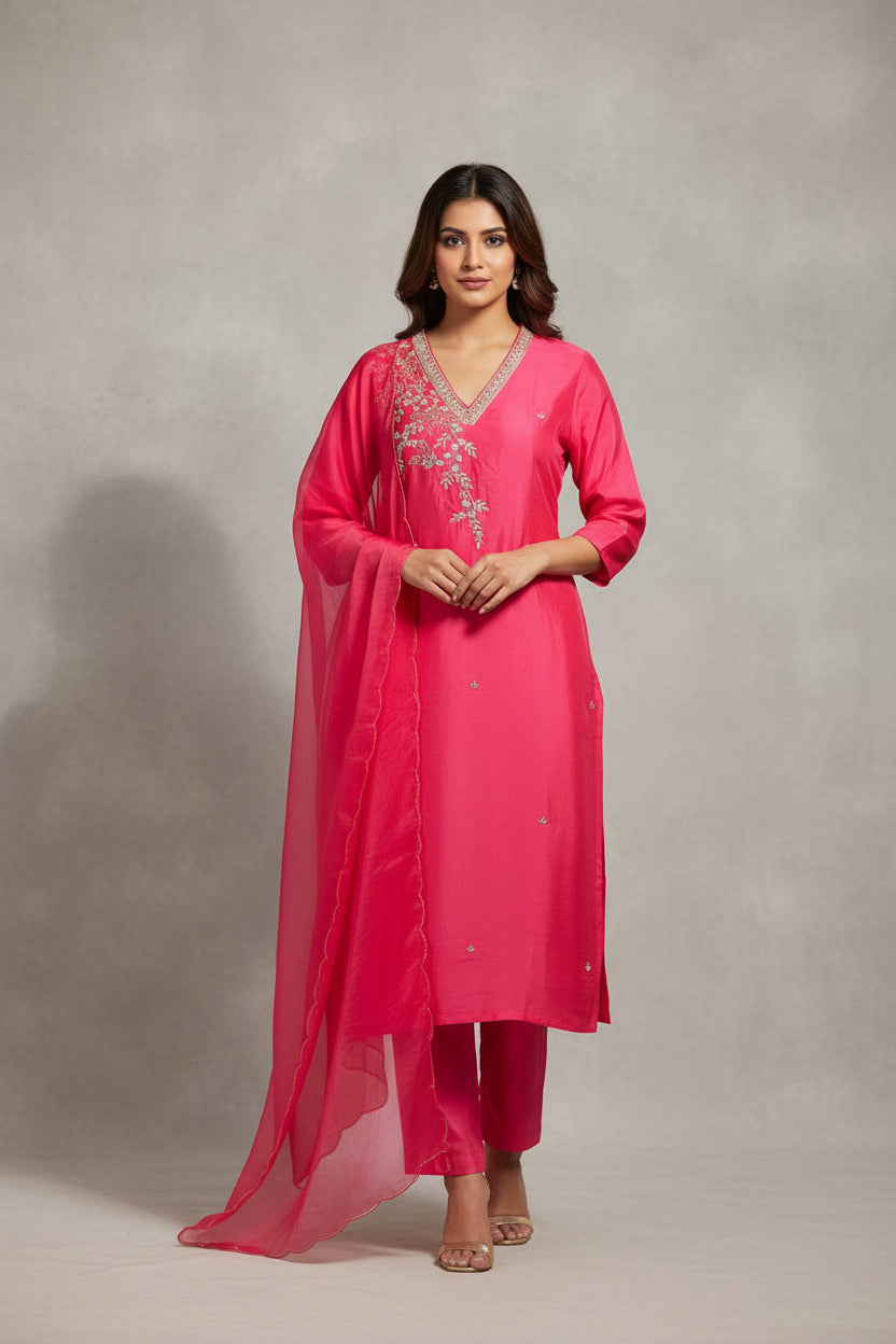 Pink Dola 05 silk Kurtha with Pearl handwork embriodery work