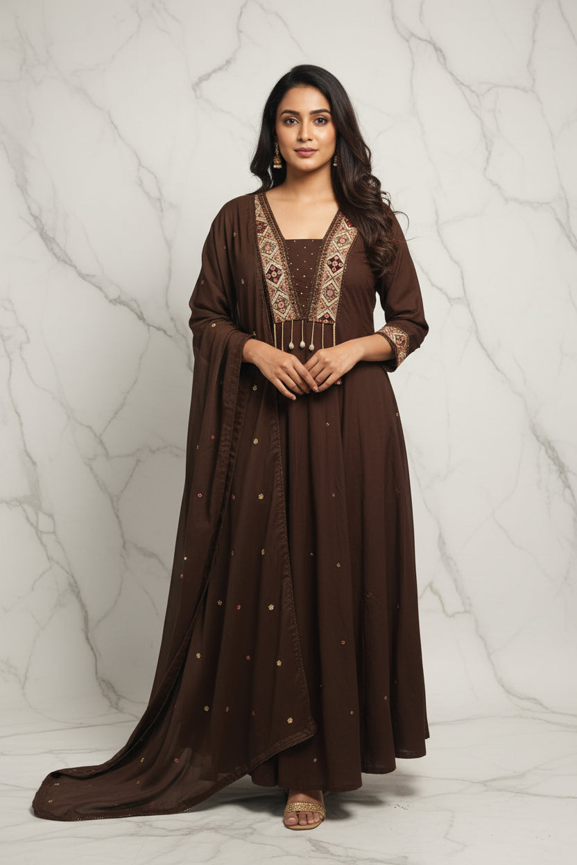 Brown Mul Chanderi  Embroidery Straight Fit Kurtha 557