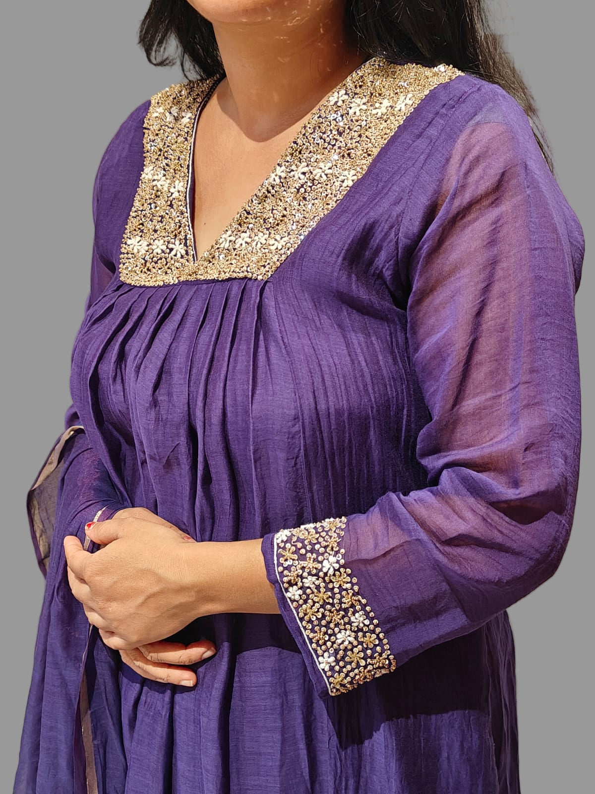 Purple Mul Chanderi Hand Embroidery Airline Kurtha 324